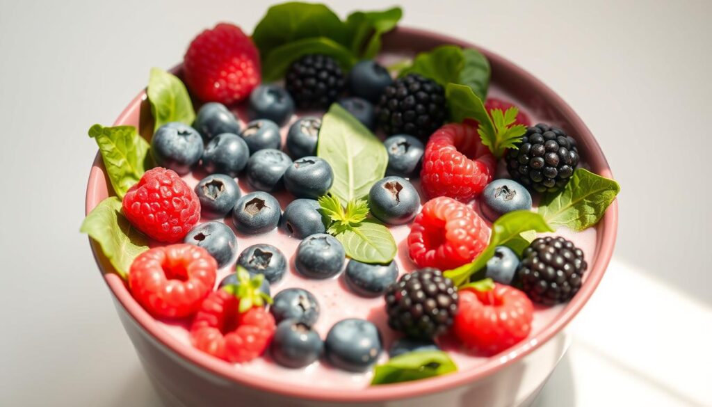 berry and spring greens smoothie bowl
