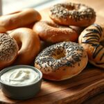 Assortment of freshly baked NYC breakfast bagel recipes on wooden board