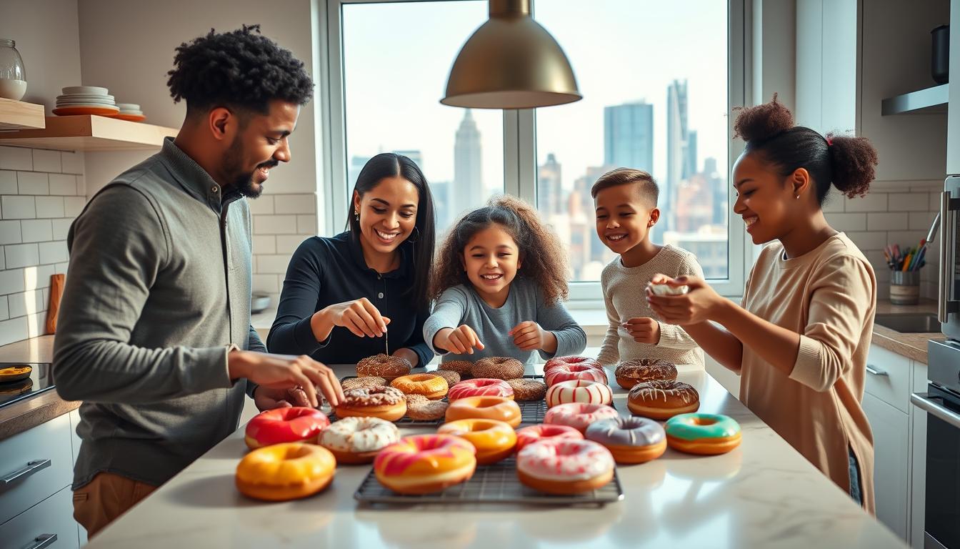 Family enjoying homemade NY-style doughnuts in a bright kitchen with NYC skyline view