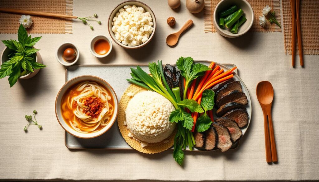 A beautifully lit, top-down view of an Asian-inspired single ingredient lunch spread. In the foreground, a selection of fresh, vibrant ingredients arranged artfully - a steaming bowl of ramen noodles, a pile of fragrant jasmine rice, crisp stir-fried vegetables, and tender slices of marinated beef. The middle ground features elegant ceramic dishware and minimalist, wooden serving utensils. In the background, a simple, yet elegant table setting with a textured linen tablecloth, bamboo placemats, and delicate floral accents. The lighting is soft and diffused, creating a serene, tranquil atmosphere. The overall composition evokes a sense of simplicity, authenticity, and culinary harmony.