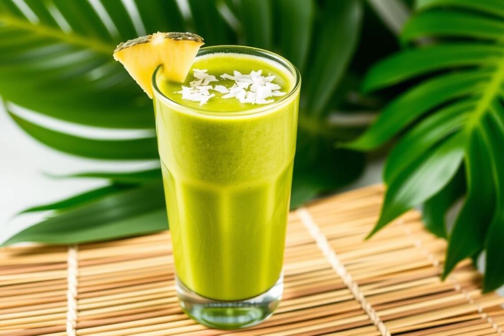 A bright green Tropical Matcha Energizer smoothie in a tall glass with coconut flakes and a slice of pineapple as garnish A bright green Tropical Matcha Energizer smoothie in a tall glass with coconut flakes and a slice of pineapple as garnish