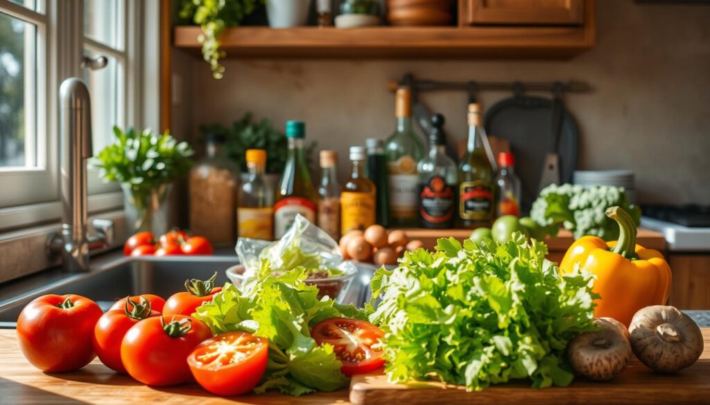 A cozy kitchen counter, sunlight streaming through the windows, showcases an array of vibrant ingredients waiting to be transformed into customizable one-ingredient lunches. In the foreground, an assortment of fresh produce - crisp lettuce, juicy tomatoes, zesty bell peppers, and earthy mushrooms - sits alongside a cutting board and a sharp chef's knife, ready for culinary exploration. In the middle ground, various condiments and seasonings, such as fragrant herbs, tangy vinegars, and flavorful spices, are neatly arranged, inviting the viewer to experiment with flavors. The background features a warm, natural-toned color palette, creating a welcoming atmosphere that encourages the viewer to imagine the endless possibilities of transforming a single ingredient into a satisfying and personalized lunch.