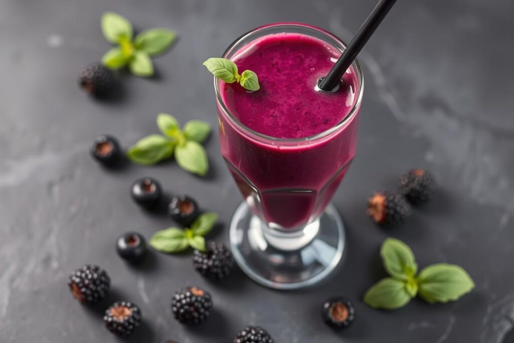A deep purple Blackberry Basil Bliss smoothie in a glass with fresh blackberries and basil leaves as garnish A deep purple Blackberry Basil Bliss smoothie in a glass with fresh blackberries and basil leaves as garnish