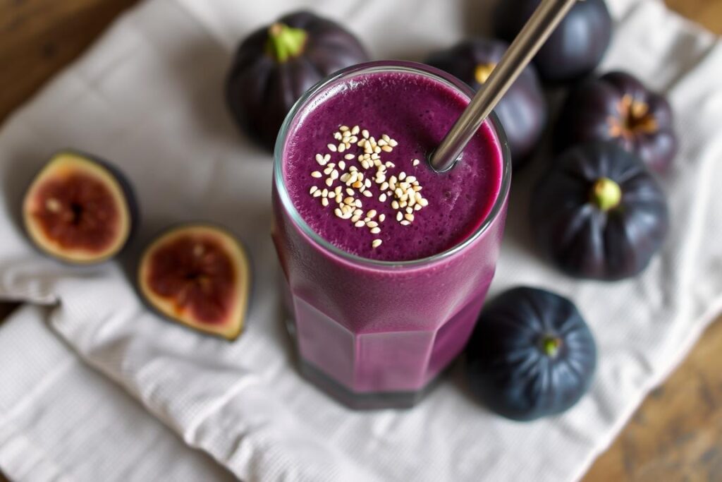 A deep purple Fig & Tahini Protein Smoothie in a glass with a sprinkle of sesame seeds on top A deep purple Fig & Tahini Protein Smoothie in a glass with a sprinkle of sesame seeds on top