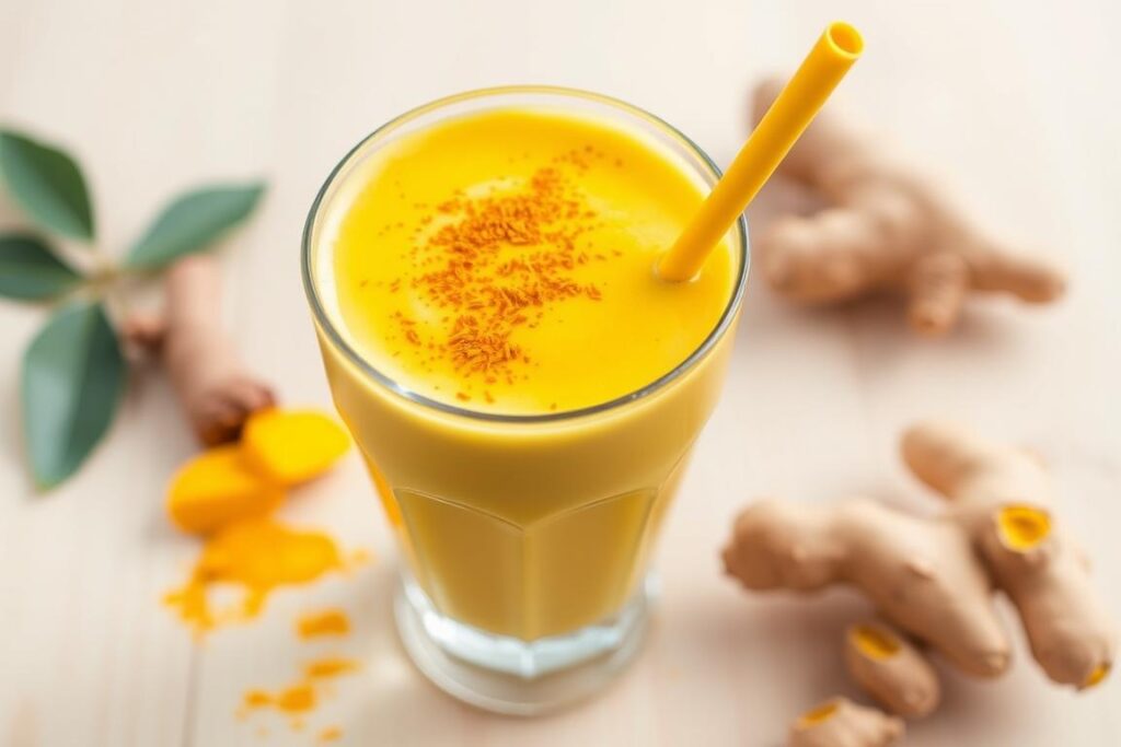 A golden yellow Turmeric Mango Immunity Booster smoothie in a glass with a sprinkle of turmeric on top A golden yellow Turmeric Mango Immunity Booster smoothie in a glass with a sprinkle of turmeric on top