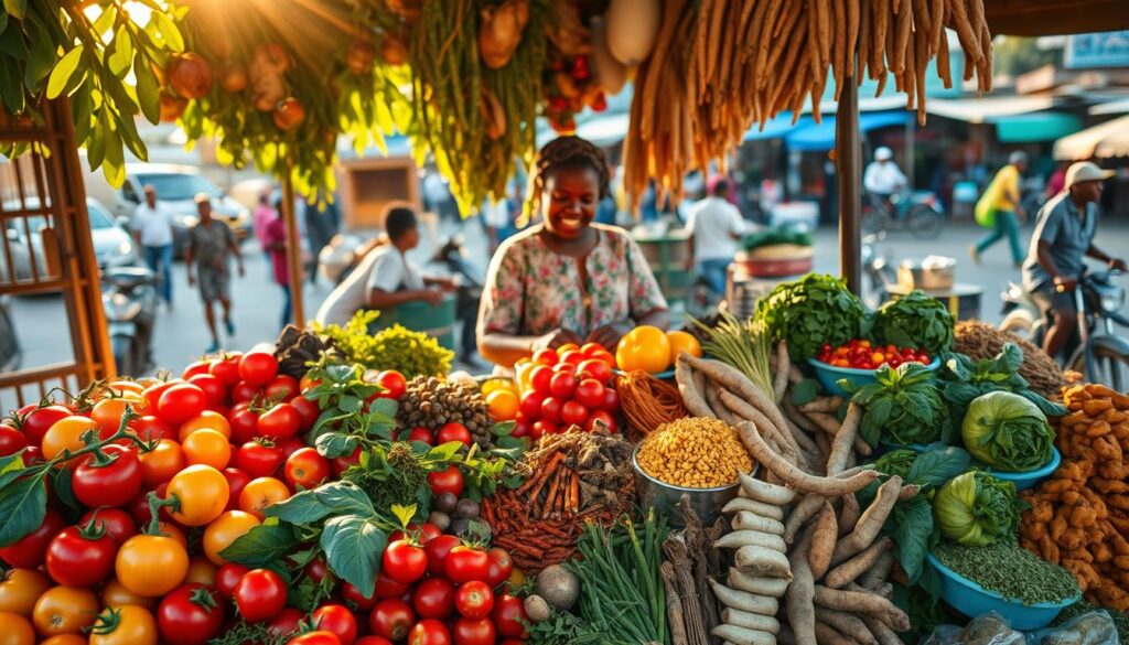 A lush, vibrant market stall overflowing with an array of colorful, freshly-harvested African ingredients. In the foreground, a bountiful display of vibrant, ripe produce - juicy tomatoes, leafy greens, fragrant spices, and earthy tubers. Warm, golden afternoon light filters through, casting a soft, inviting glow. In the middle ground, a local vendor meticulously arranges the offerings, their traditional dress and warm smile welcoming visitors. The background reveals a bustling African street scene, with pedestrians, bicycles, and other market stalls creating a lively, immersive atmosphere. The overall scene evokes a sense of nourishment, community, and the simple pleasure of wholesome, one-ingredient lunches.
