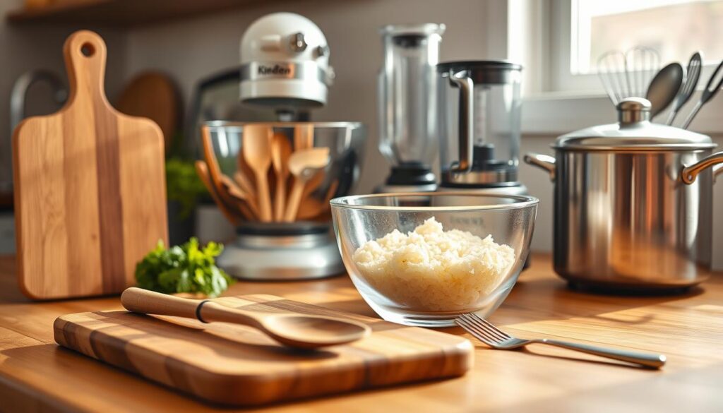 A neatly arranged collection of essential kitchen tools for one-ingredient cooking, captured in a warm, natural light. In the foreground, a sturdy chef's knife, a wooden cutting board, and a simple wooden spoon. In the middle ground, a high-quality mixing bowl, a sleek hand blender, and a compact food processor. In the background, a vintage-inspired saucepan and a set of durable stainless steel measuring cups and spoons. The overall scene conveys a sense of simplicity, functionality, and culinary efficiency, perfectly suited for the "One-Ingredient Cooking" section of the article.