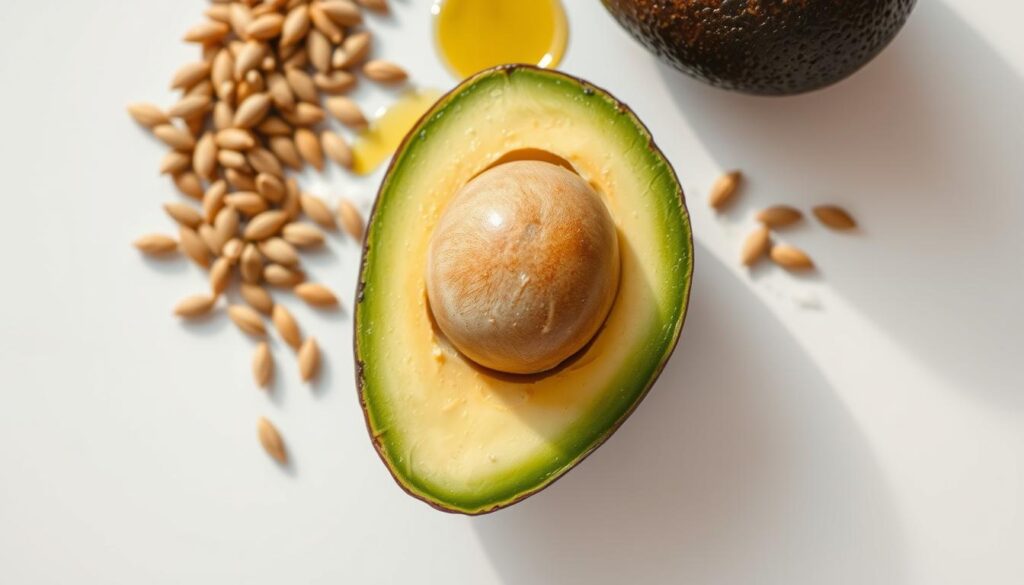 A nutritious one-ingredient meal, shot from an overhead angle against a bright, minimalist backdrop. In the foreground, a single ingredient - say, a perfectly ripe avocado - fills the frame, its smooth, creamy texture shining under soft, natural lighting. The midground features complementary ingredients neatly arranged around the main item, such as a handful of toasted seeds, a drizzle of olive oil, and a sprinkle of sea salt. The background is a clean, white surface, allowing the vibrant colors and textures of the meal to take center stage. The overall composition conveys a sense of balance, simplicity, and the goodness of wholesome, unprocessed foods.