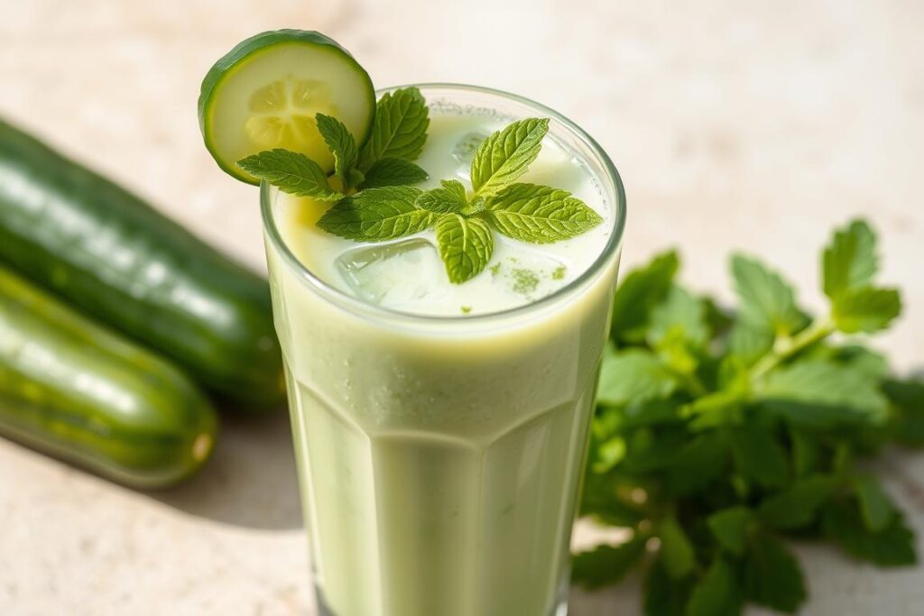 A pale green Cucumber Mint Refresher smoothie in a tall glass with fresh mint leaves as garnish A pale green Cucumber Mint Refresher smoothie in a tall glass with fresh mint leaves as garnish