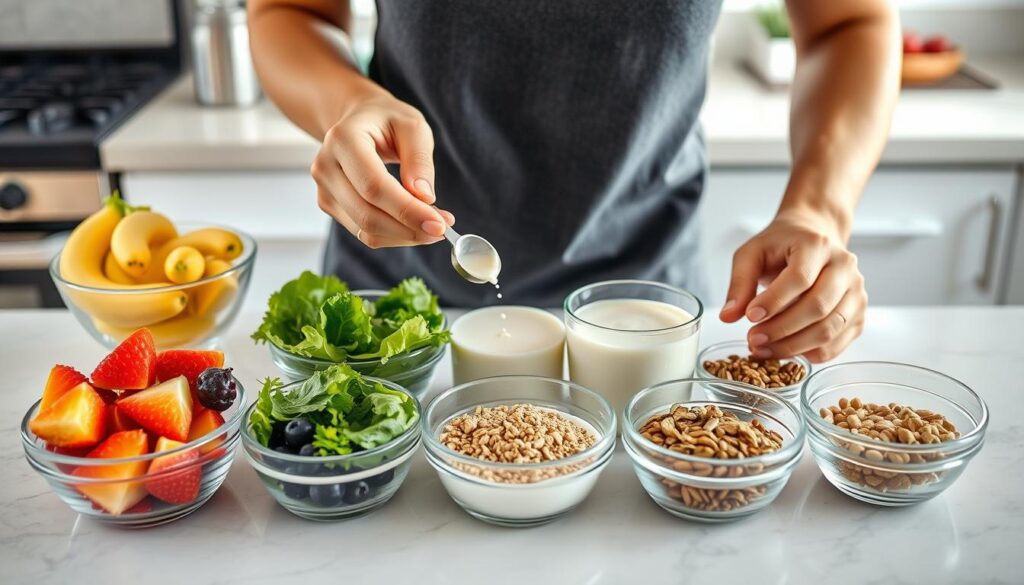 A person preparing ingredients for vegan smoothies, with various fruits, greens, and plant milks organized in small bowls A person preparing ingredients for vegan smoothies, with various fruits, greens, and plant milks organized in small bowls