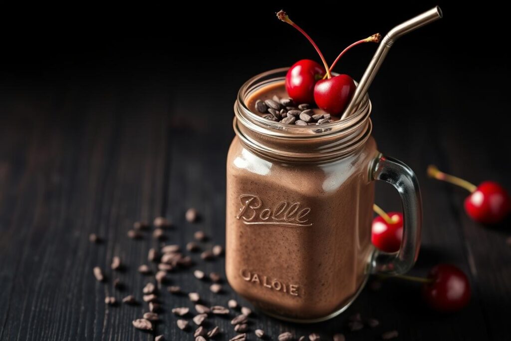 A rich chocolate-colored Cherry Cacao Energizer smoothie in a glass with cacao nibs sprinkled on top A rich chocolate-colored Cherry Cacao Energizer smoothie in a glass with cacao nibs sprinkled on top
