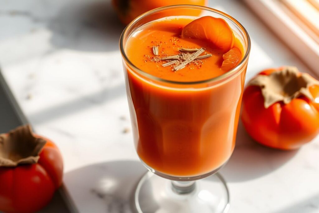 A rich red-orange Spiced Persimmon Sunrise smoothie in a glass with a sprinkle of cinnamon on top A rich red-orange Spiced Persimmon Sunrise smoothie in a glass with a sprinkle of cinnamon on top