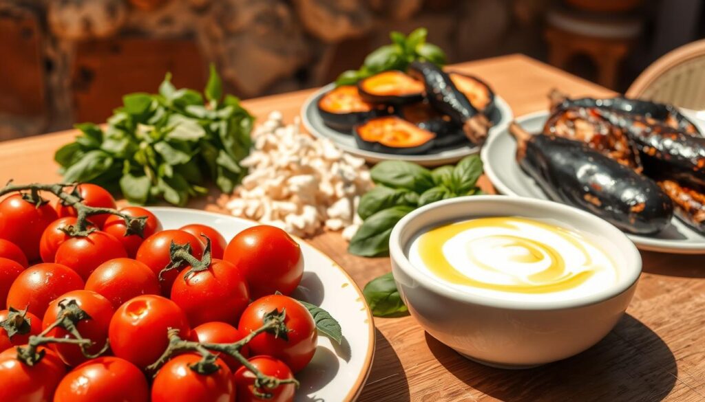 A sun-drenched Mediterranean table, adorned with a vibrant array of one-ingredient dishes. In the foreground, a platter of glistening olive oil-drizzled tomatoes, their ruby hues accentuated by the warm, golden light. Beside it, a simple yet elegant bowl of creamy, tangy yogurt, its surface swirled with a hint of honey. In the middle ground, a pile of freshly torn basil leaves, their verdant green contrasting with the earthy tones of a plate of roasted eggplant. The background is framed by the warm, weathered tones of terracotta and stone, evoking the rustic charm of a Mediterranean kitchen. The overall mood is one of simplicity, freshness, and the celebration of the inherent flavors of each individual ingredient.