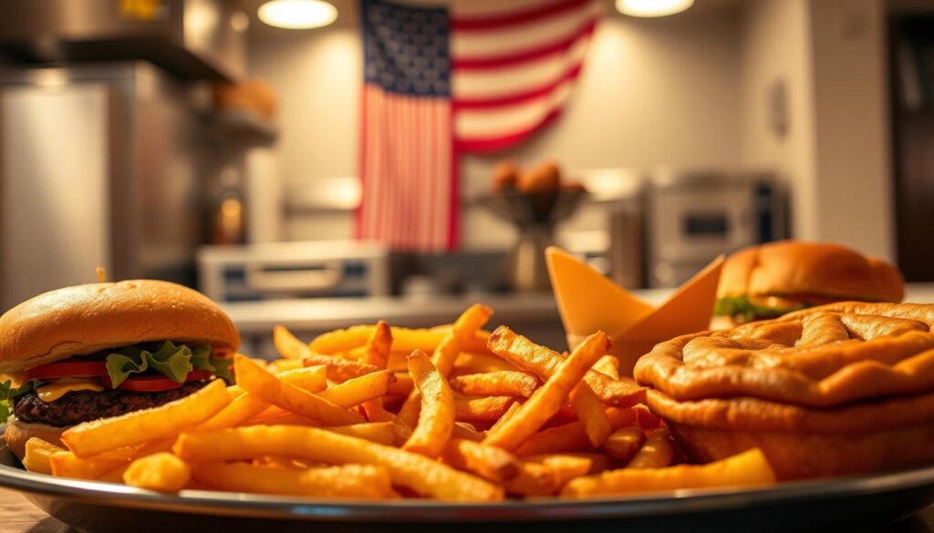 A vibrant, mouthwatering scene of classic American recipes, illuminated by warm, golden lighting. In the foreground, a platter showcases a selection of dishes - juicy hamburgers, crisp fries, and a classic apple pie. In the middle ground, a bustling kitchen backdrop with stainless steel appliances and an American flag in the distance, conveying a sense of patriotic pride. The overall mood is one of homely comfort and hearty, satisfying flavors, capturing the essence of simple yet flavorful lunch ideas from the Americas.
