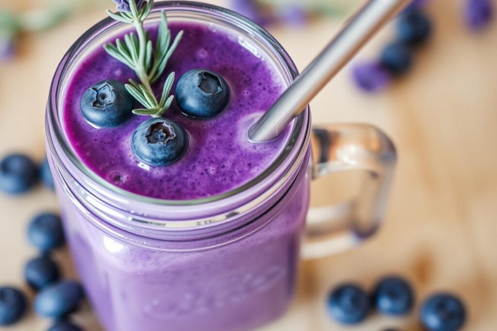 A vibrant purple-blue Blueberry Lavender Dream smoothie in a glass jar with fresh blueberries and lavender sprigs as garnish A vibrant purple-blue Blueberry Lavender Dream smoothie in a glass jar with fresh blueberries and lavender sprigs as garnish