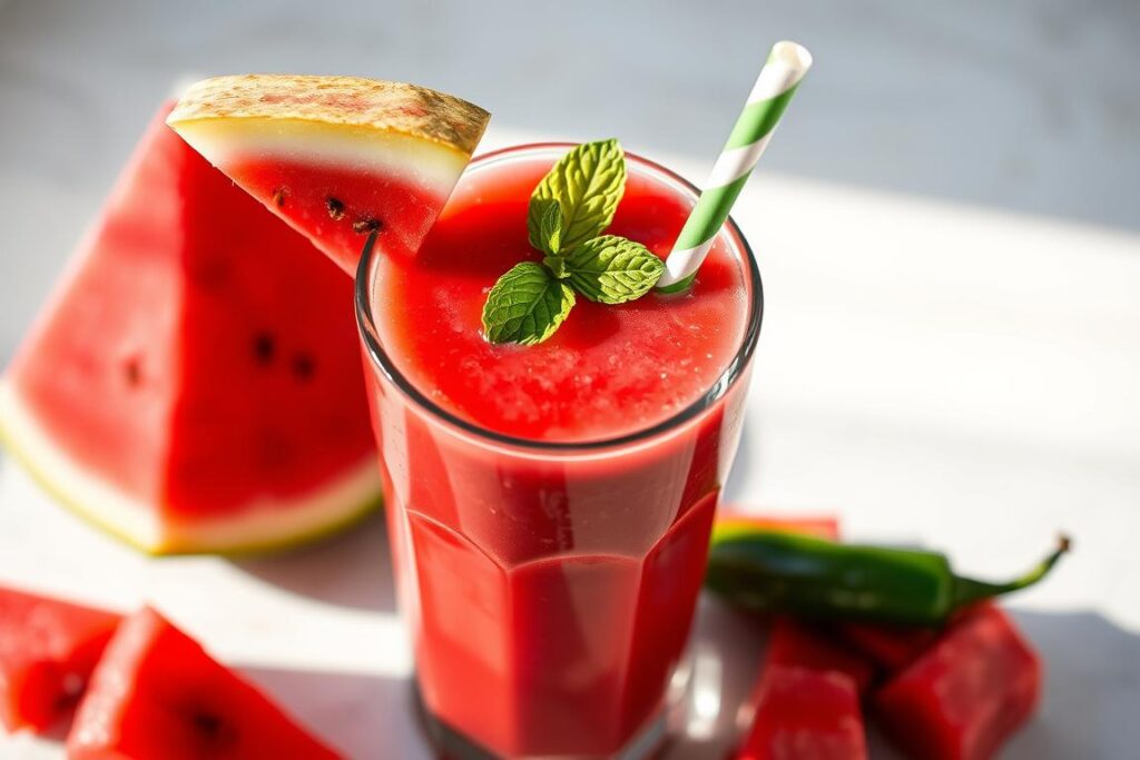 A vibrant red Watermelon Jalapeño Cooler smoothie in a glass with a small slice of watermelon as garnish A vibrant red Watermelon Jalapeño Cooler smoothie in a glass with a small slice of watermelon as garnish