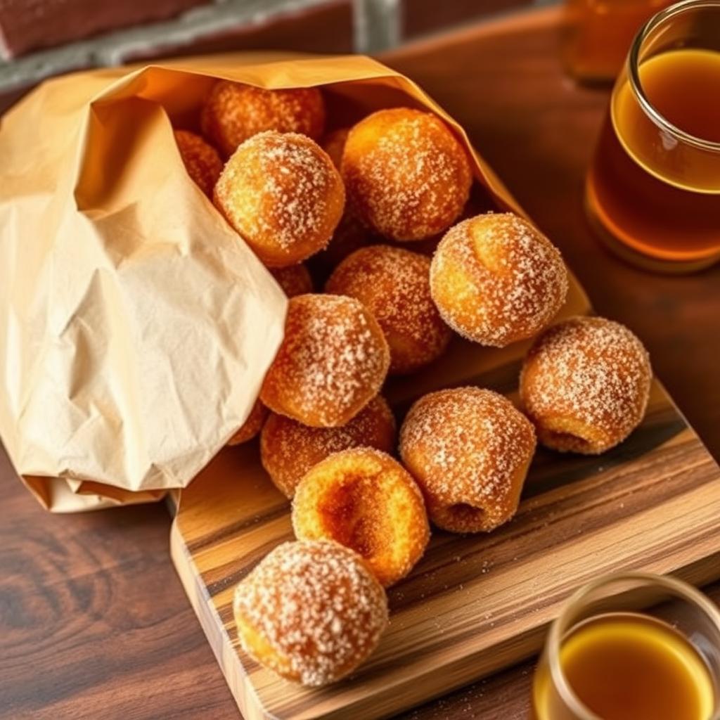 Apple Cider Doughnut Holes coated in cinnamon sugar in a paper bag Apple Cider Doughnut Holes coated in cinnamon sugar in a paper bag