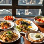 Assortment of colorful vegan breakfasts in NYC with Manhattan skyline in background