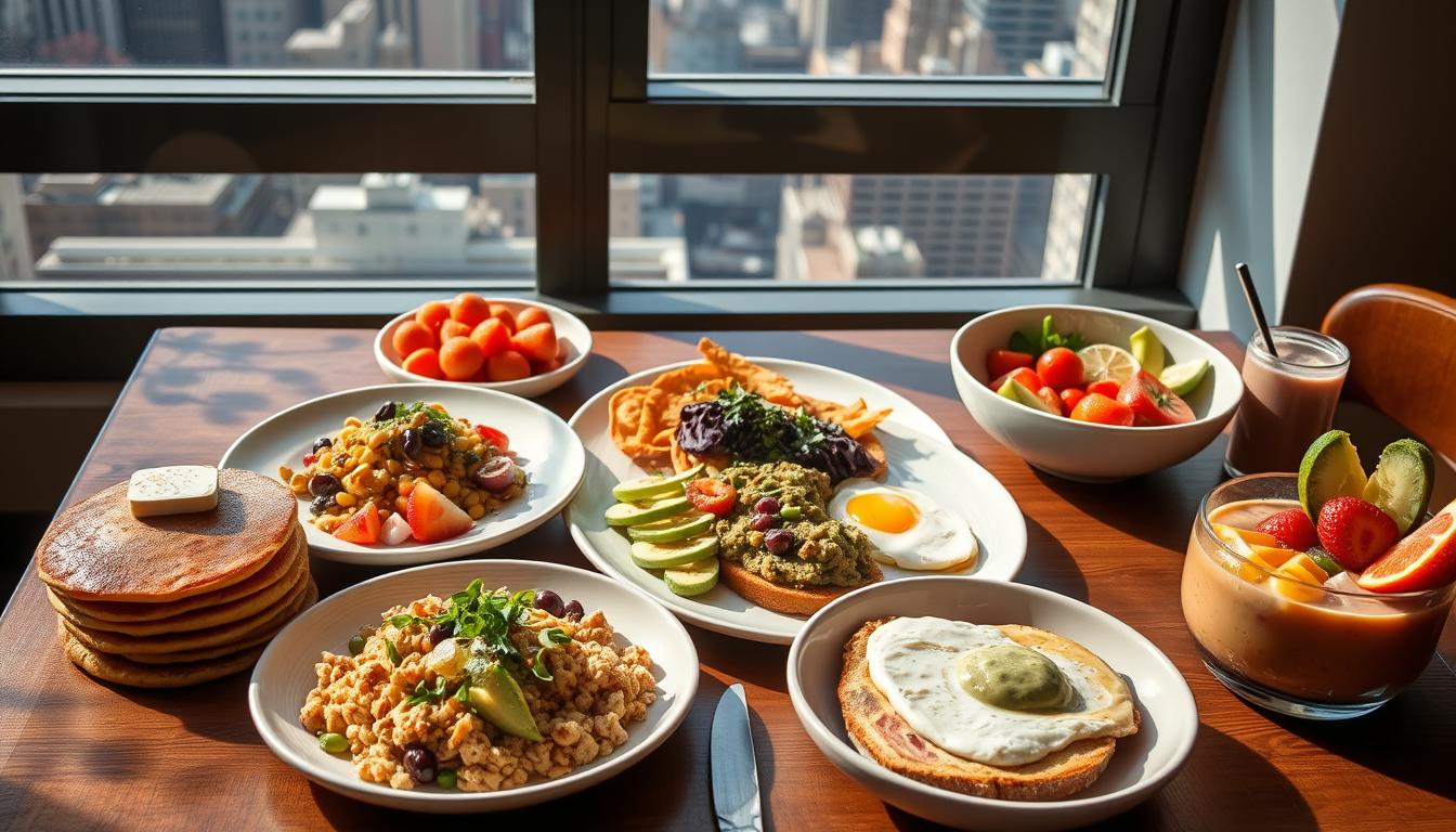 Assortment of colorful vegan breakfasts in NYC with Manhattan skyline in background