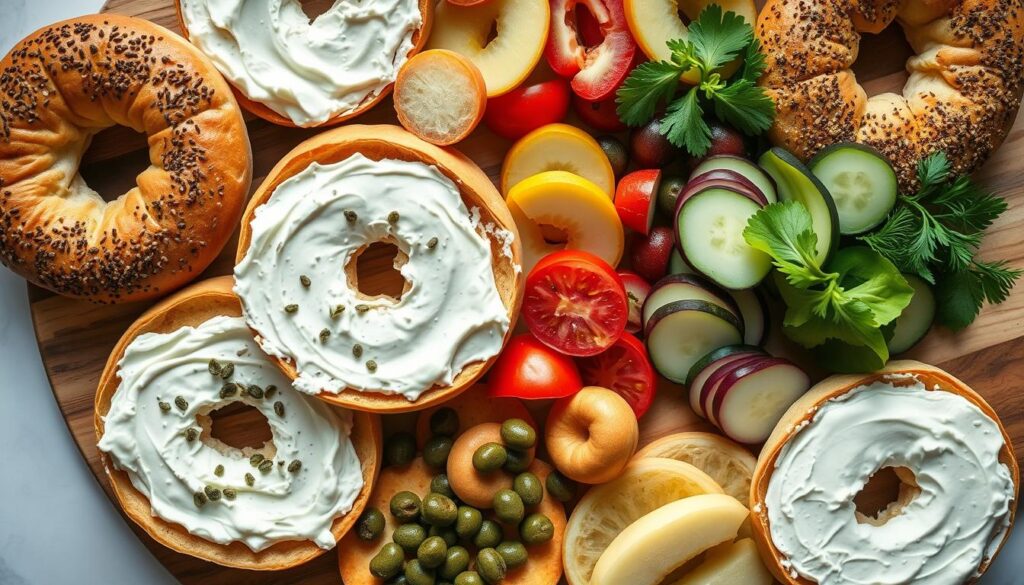 Bagel breakfast board with various NYC breakfast bagel recipes and toppings