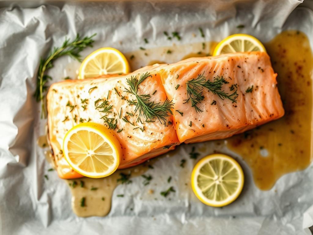 Baked salmon with herbs and lemon slices on a baking sheet Baked salmon with herbs and lemon slices on a baking sheet