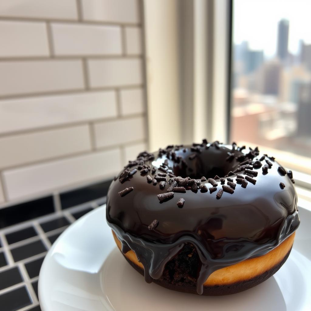 Brooklyn Blackout Chocolate Doughnut with chocolate glaze and filling on a subway tile background Brooklyn Blackout Chocolate Doughnut with chocolate glaze and filling on a subway tile background