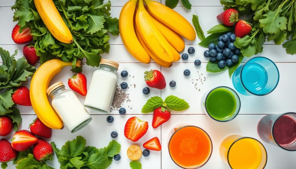 Colorful array of vegan smoothie ingredients including fresh fruits, leafy greens, and plant-based milk alternatives
