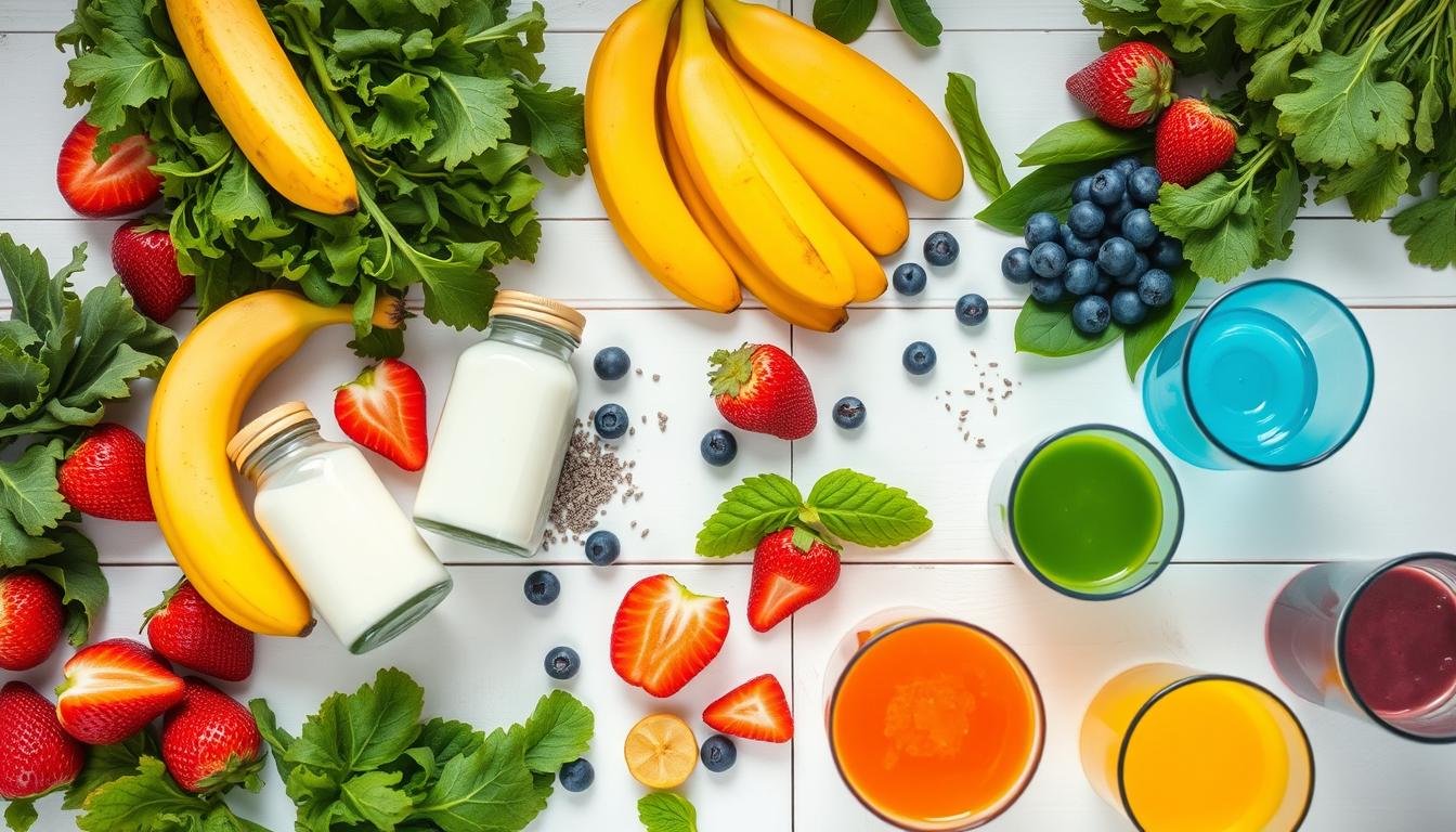 Colorful array of vegan smoothie ingredients including fresh fruits, leafy greens, and plant-based milk alternatives