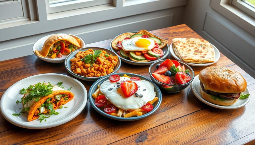 Colorful display of NYC street food breakfast recipes arranged on a wooden table