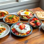 Colorful display of NYC street food breakfast recipes arranged on a wooden table