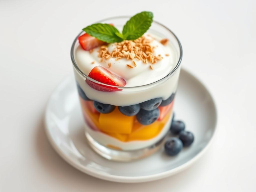 Colorful layered yogurt parfait in a clear glass with fruit layers Colorful layered yogurt parfait in a clear glass with fruit layers