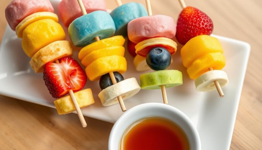 Colorful mini pancakes on wooden skewers with fruit between each pancake Colorful mini pancakes on wooden skewers with fruit between each pancake