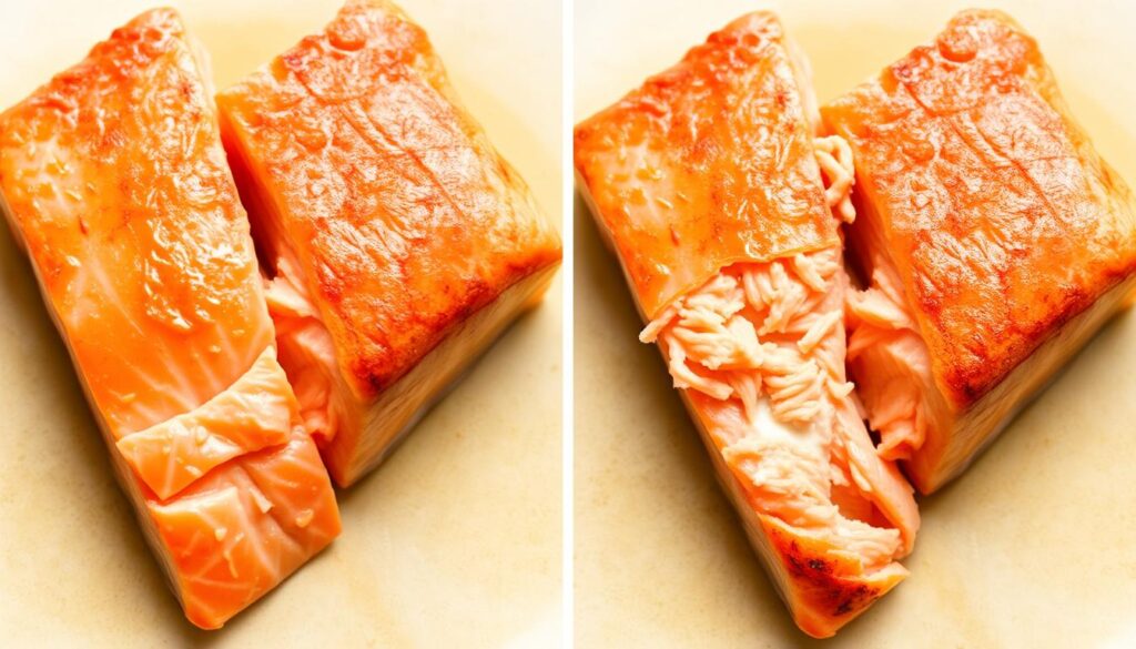 Comparison of perfectly cooked vs overcooked salmon Comparison of perfectly cooked vs overcooked salmon