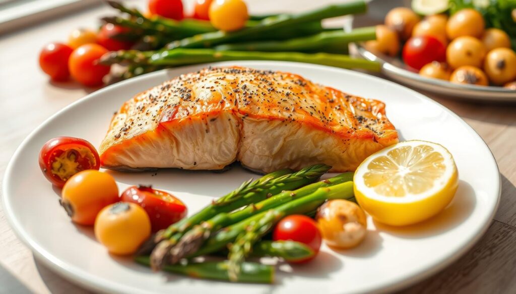 Complete salmon dinner with sides on a plate Complete salmon dinner with sides on a plate