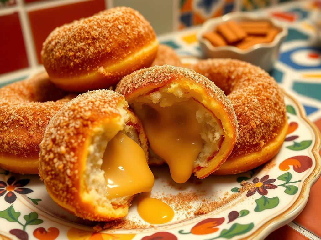 Dulce de Leche Churro Doughnuts coated in cinnamon sugar with caramel filling Dulce de Leche Churro Doughnuts coated in cinnamon sugar with caramel filling