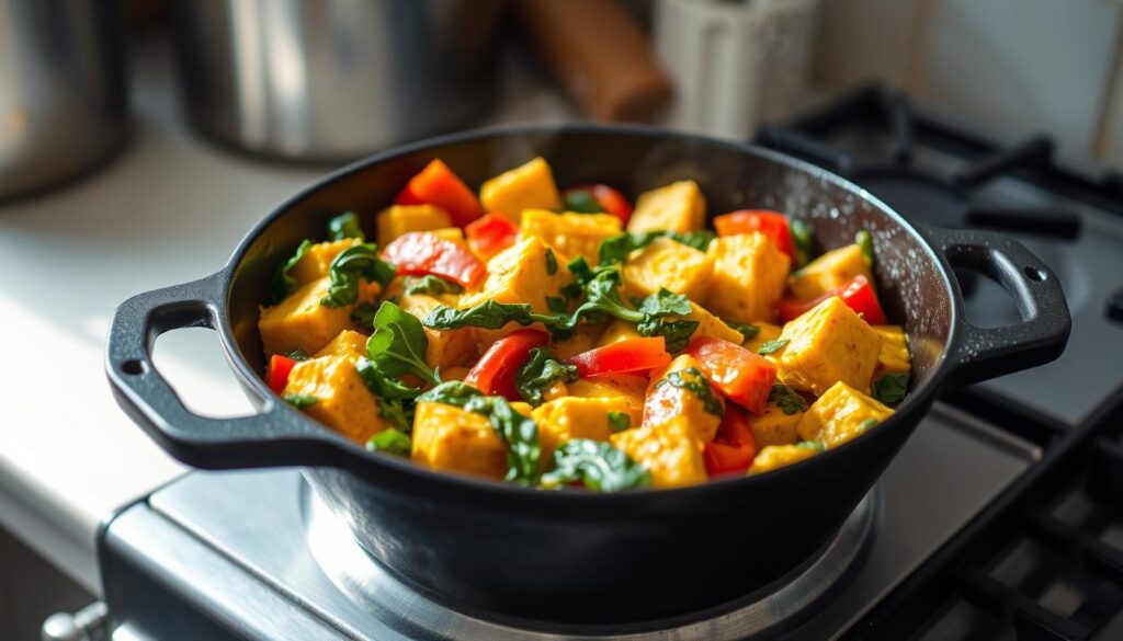 East Village Tofu Scramble with colorful vegetables - Quick and Healthy Breakfast Recipes NYC