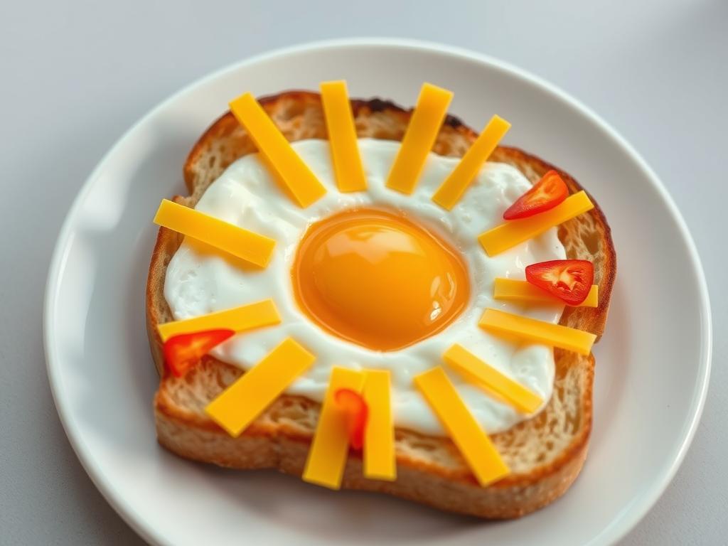 Egg-in-the-hole toast shaped like a sun with cheese and vegetable decorations Egg-in-the-hole toast shaped like a sun with cheese and vegetable decorations