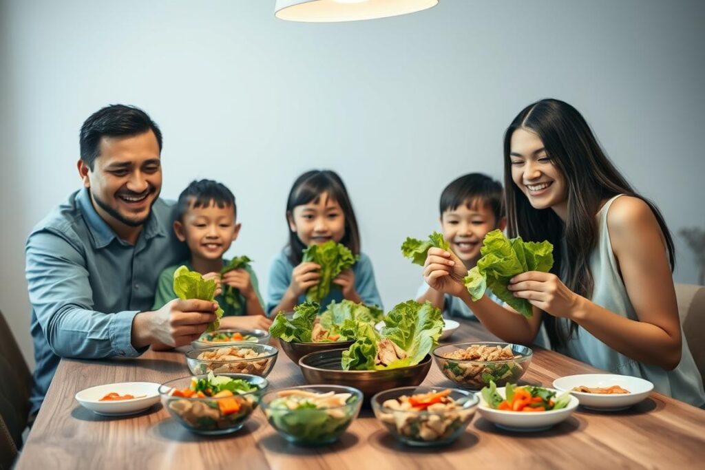 Family enjoying Asian Chicken Lettuce Wraps together at dinner table