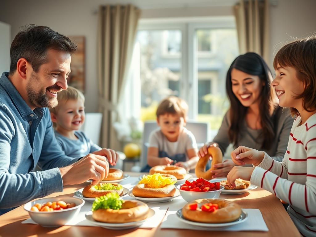 Family enjoying NYC breakfast bagel recipes around a table