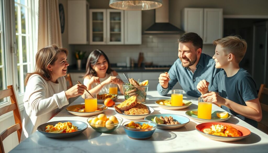 Family enjoying NYC street food breakfast recipes together at the breakfast table
