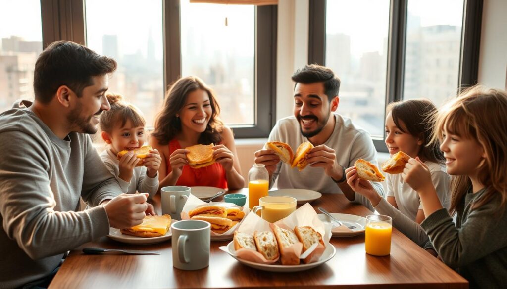Family enjoying NYC-style egg and cheese sandwiches at breakfast table Family enjoying NYC-style egg and cheese sandwiches at breakfast table