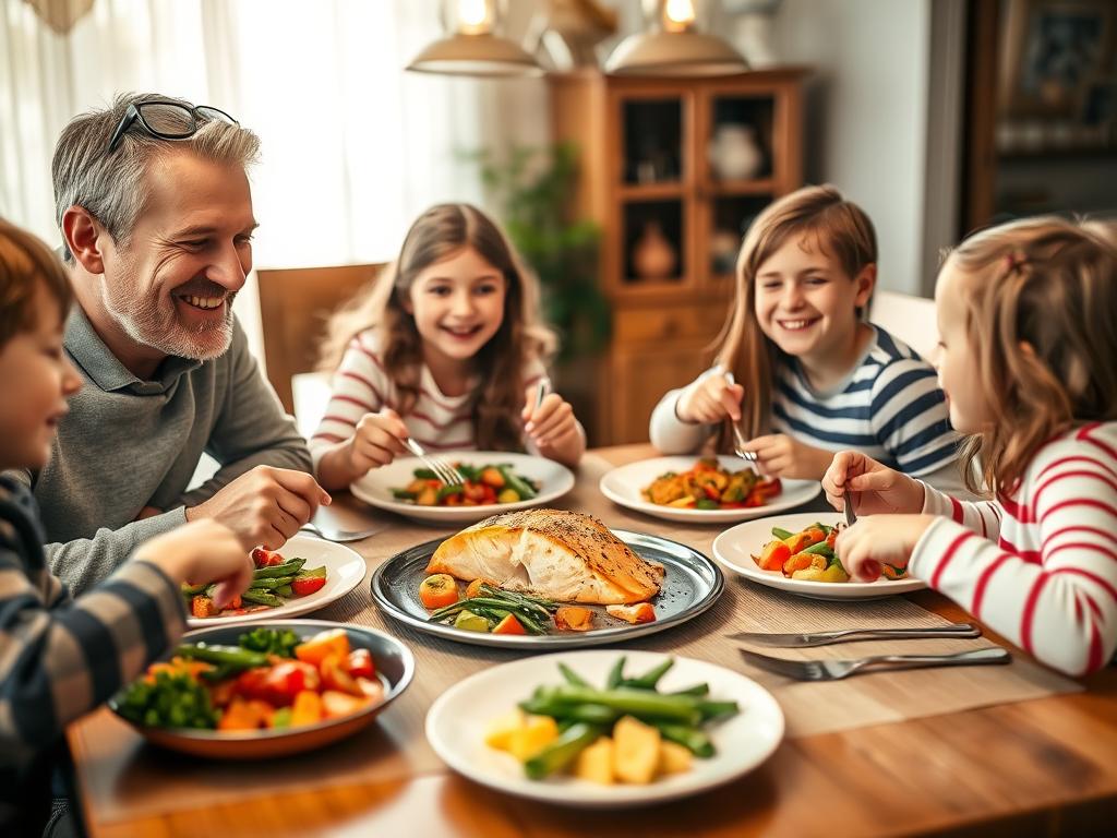 Family enjoying a salmon dinner at the table Family enjoying a salmon dinner at the table