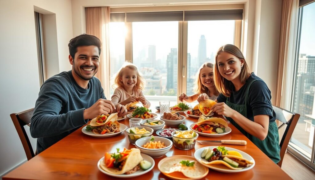 Family enjoying healthy breakfast tacos together at a New York breakfast table