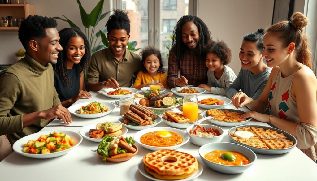 Family enjoying vegan breakfast spread at home with NYC-inspired dishes
