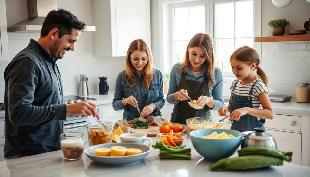 Family preparing NYC street food breakfast recipes together in a bright kitchen