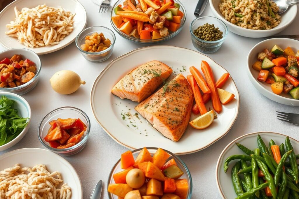 Family-style salmon dinner table setting with multiple sides Family-style salmon dinner table setting with multiple sides