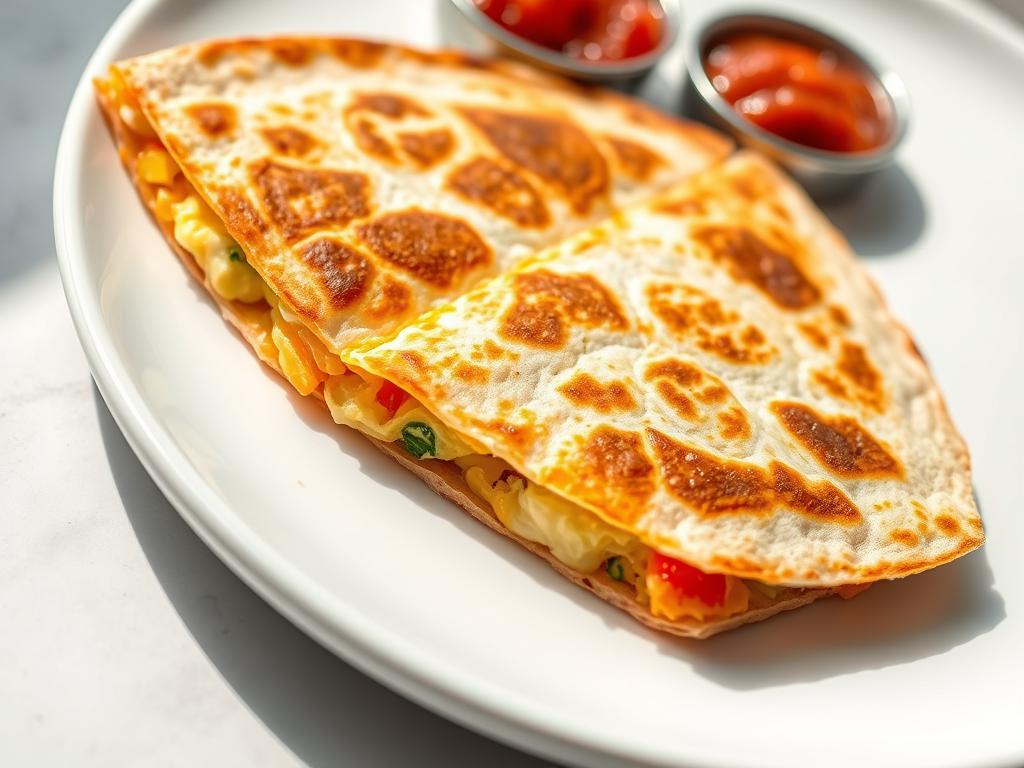 Folded breakfast quesadilla cut into triangles with eggs and vegetables inside Folded breakfast quesadilla cut into triangles with eggs and vegetables inside