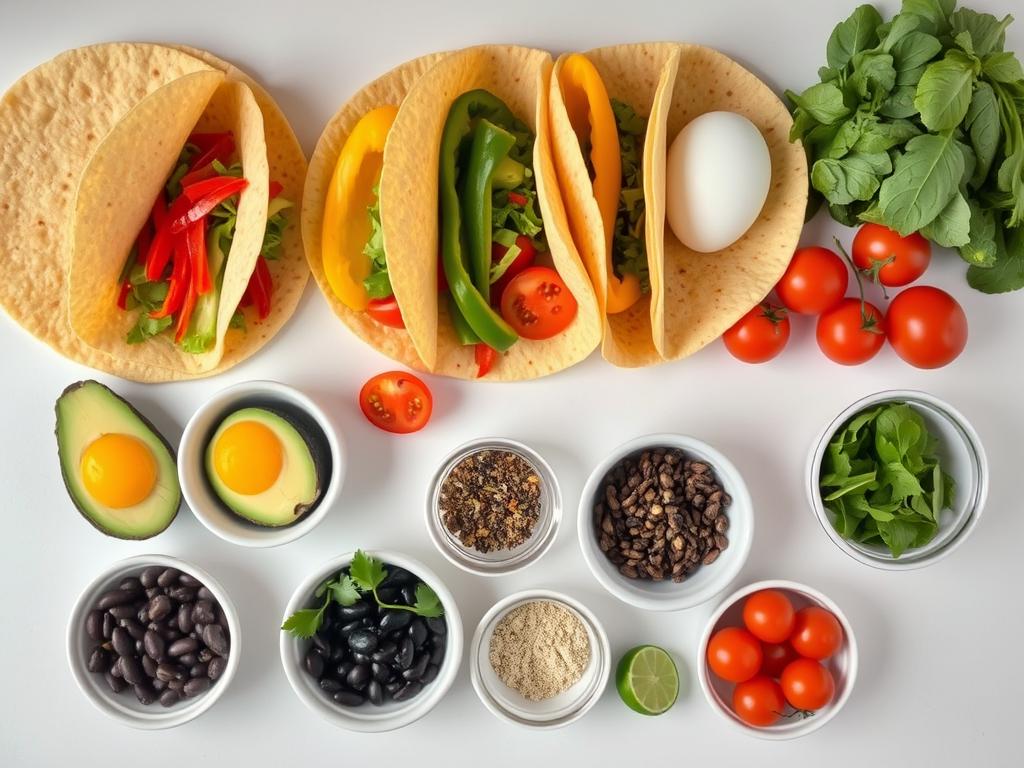 Fresh ingredients for healthy breakfast tacos laid out on a kitchen counter