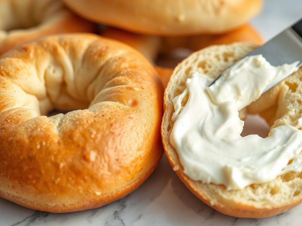 Freshly baked plain NYC breakfast bagel recipes with cream cheese