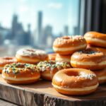 Freshly made homemade NY-style doughnuts with various toppings on a rustic wooden board with NYC skyline in background